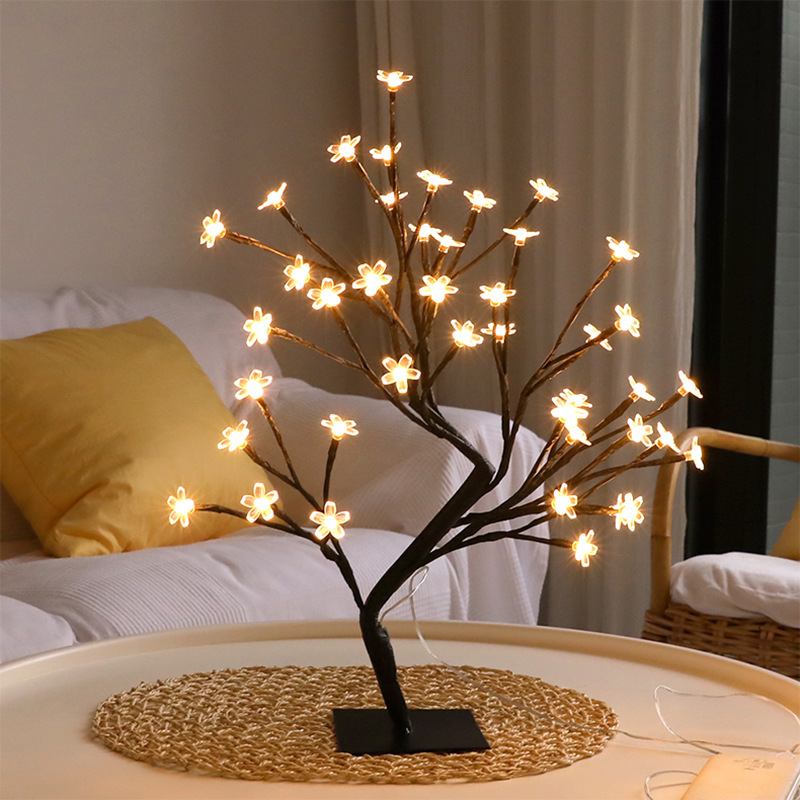Ledet bonsai-trælys , 18- tommer kirsebærblomst usb-drevet dekorativt krystalblomstnatlys, bordtablet dekoration