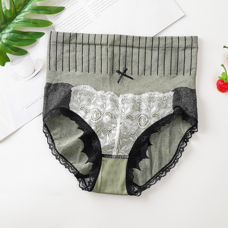 High Waist Tight Belly Women Panties Lace Sweet Underwear Graphene Crotch Antibacterial Lingerie Soft Comfortable Pantys: green panties / L