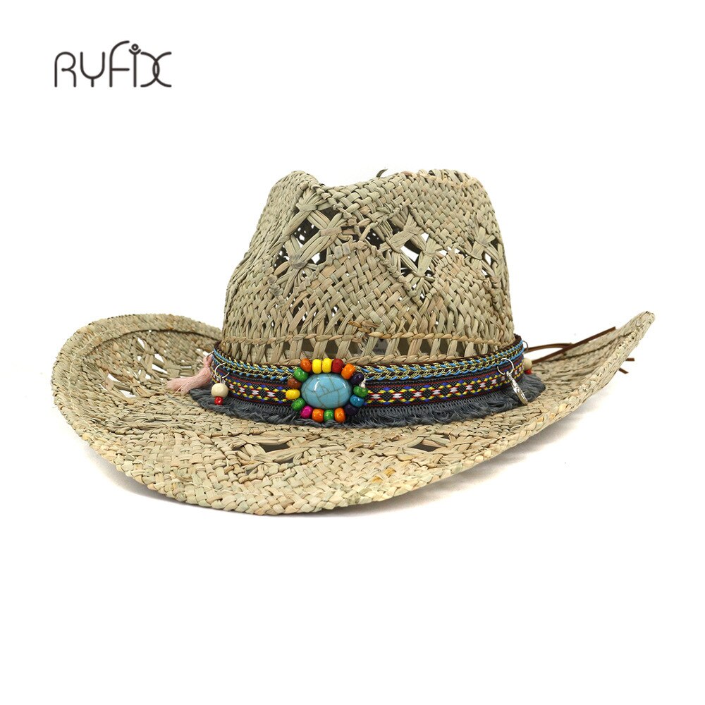 Retro Women Men's Hollow-out Baking Paint Cowboy Western Summer Straw Cowgirl Sun Hat Turquoise Pendant Wood Bead HA191