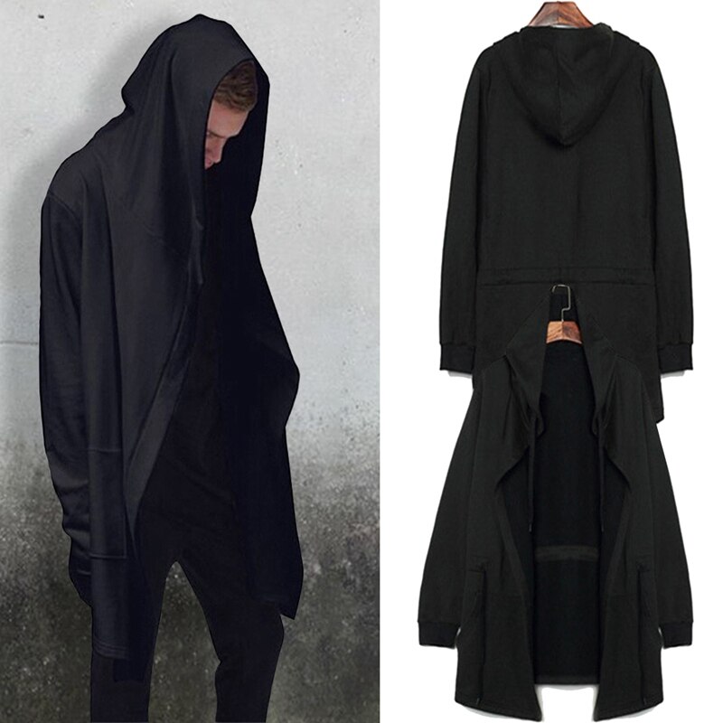 LOVZON hombres sudaderas con capucha con vestido negro Hip Hop manto sudaderas con capucha chaqueta de largo manto de mangas Hombre Abrigos y prendas de vestir