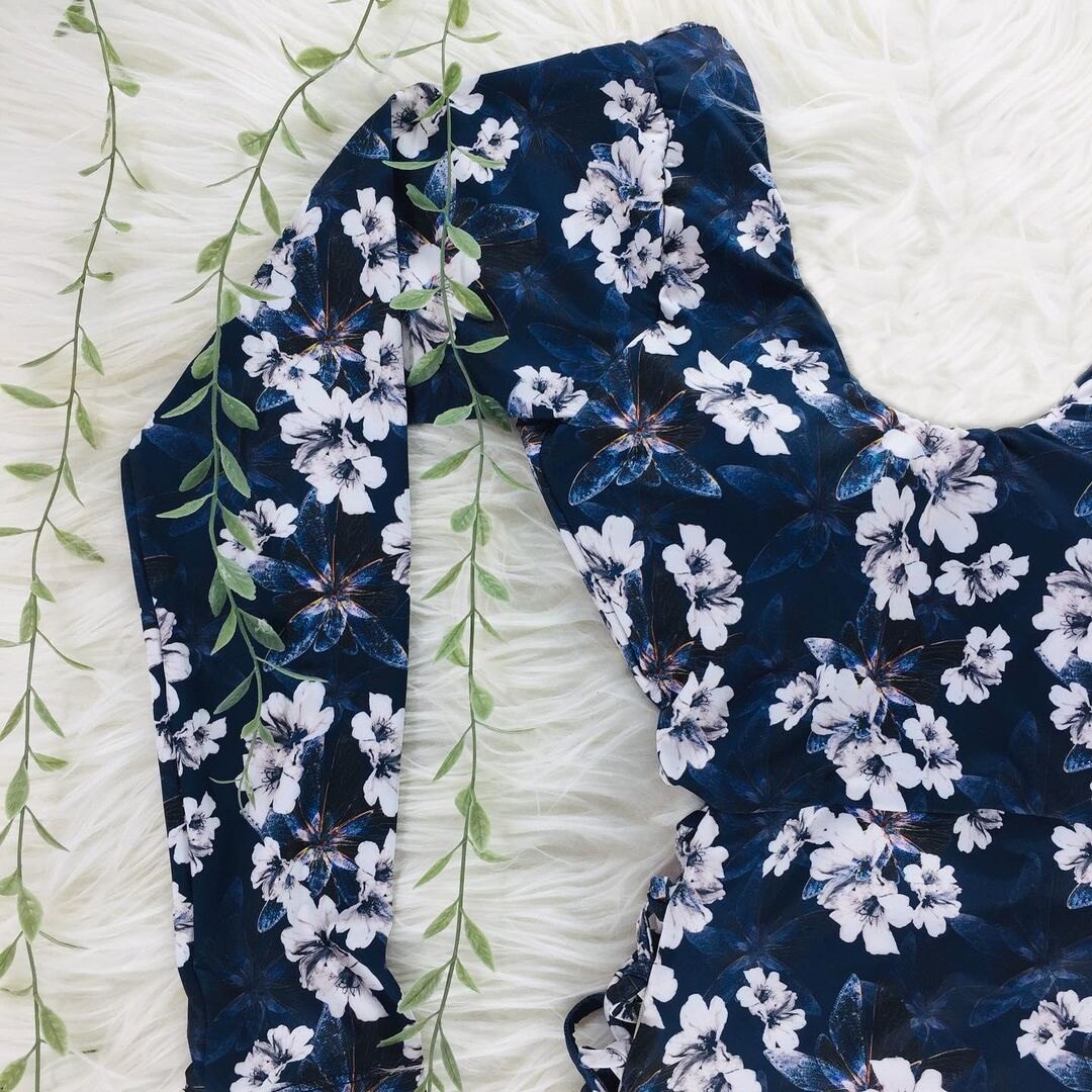 Print Floral One Piece Swimsuit Long Sleeve Swimwear Women Bathing Suit Retro Swimsuit