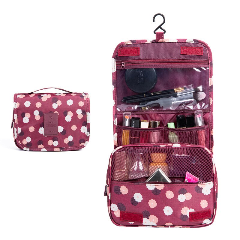 Waterproof Packing Cubes Travel Large Capacity Storage Bag Portable Hook Wash Cosmetic Bag Travel Accessories: WineRed Flowers