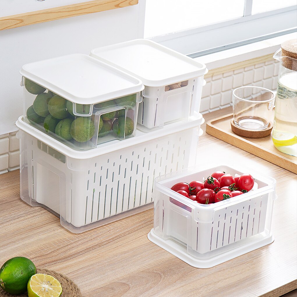 Refrigerador apilable de 1,9 L, organizador de frutas y ensaladas, contenedor de almacenamiento de alimentos, caja de verduras frescas transparente con colador para nevera