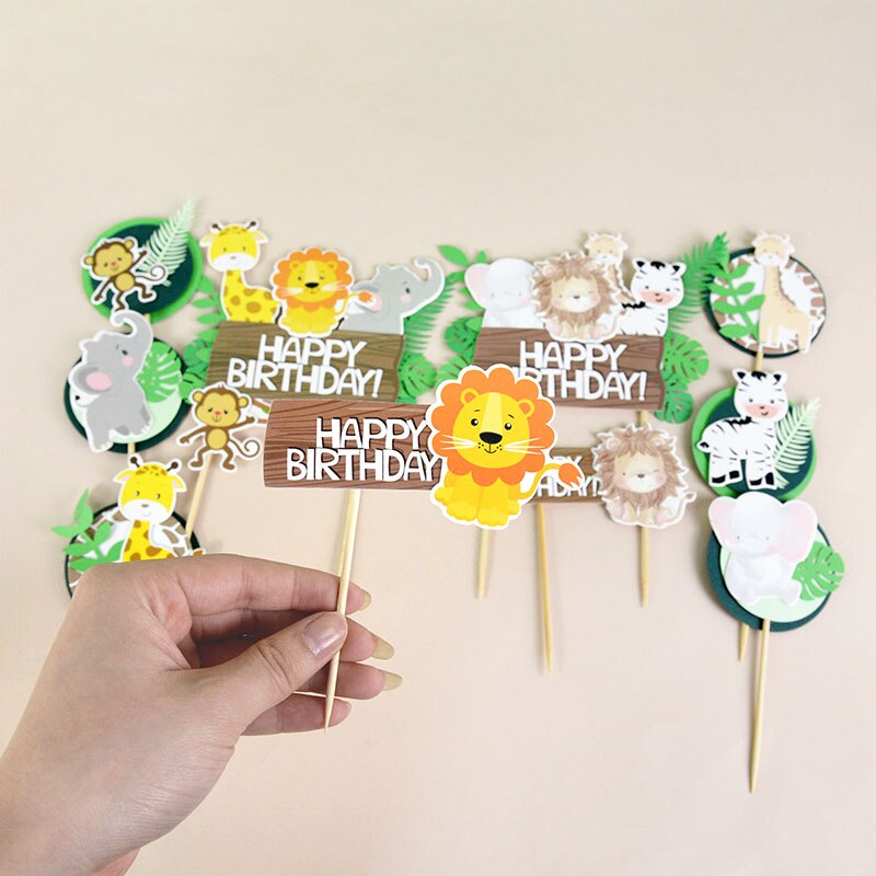 Wilde Jungle Party Cake Topper Cartoon Dier Cake Vlag Jungle Safari Verjaardag Cake Decor Baby Shower Kinderen Bos Partij Decor