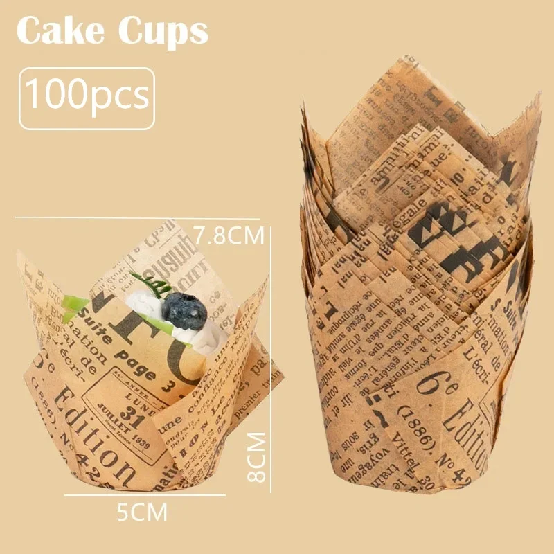 100 stk. tulipanforme til cupcakeforme, papirforme til muffins, cupcakepapir til fest, hjemmelavet kageform, bagepapir, værktøj, indpakningsetui: Grøn