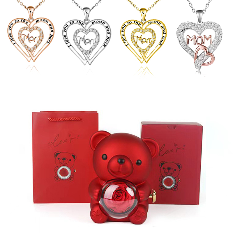 Collares con colgante de mamá de circón en forma de corazón con caja de de flor rosa de oso bonito adecuada para Navidad Día de la madre sorpresa romántica