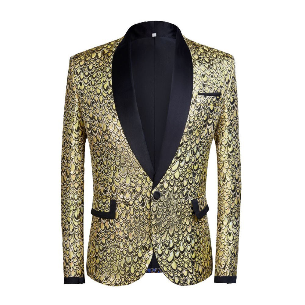 PYJTRL Male Shawl Lapel Gold Blue Jacquard Scale Pattern Slim Fit Blazer Hombre Suit Jacket Men Wedding Groom Singers Costume: gold / US size XXL 46R