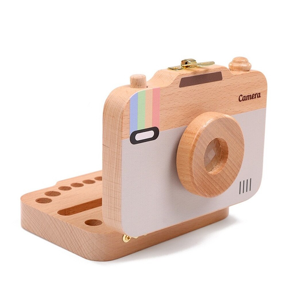 Wooden Baby Teeth Box Baby Tooth Keepsake Box Camera Shaped Wooden Container Storage Teeth Kids Tandendoosje Caja Dient