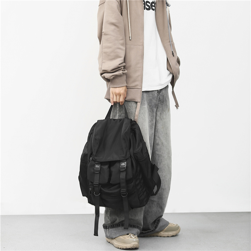 Sacs à dos noirs solides pour hommes, Style Streetwear Cool, Harajuku, grande capacité, sacs d&#39;école imperméables en Nylon pour hommes