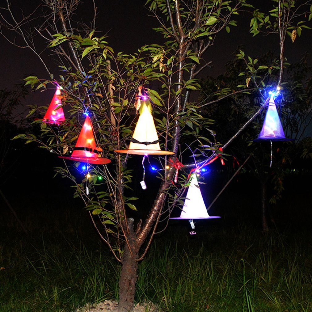 1 stk halloween hekse hat med led lys glødende hekse hat hængende halloween indretning suspension træ glødende hat til børn
