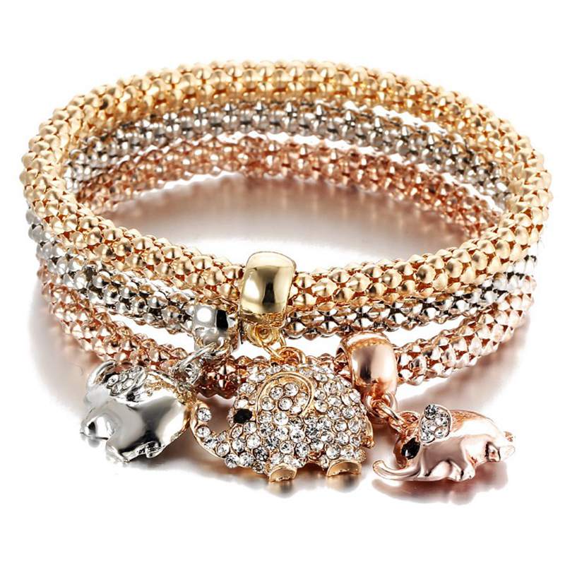 3Pcs Crystal Bracelet Tree of Life Owl Bracelets Inside Rhinestone Elastic Popcorn Chain Bracelet For WomenJewelry: Elephant