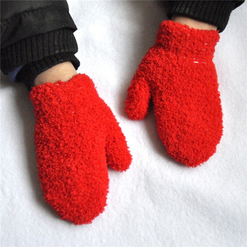 Warmom Plush Thick Warm Baby Gloves Winter Plus Velvet Mittens Children Kid Coral Fleece Full Finger Gloves For 1-4Y Kids Gloves: Red