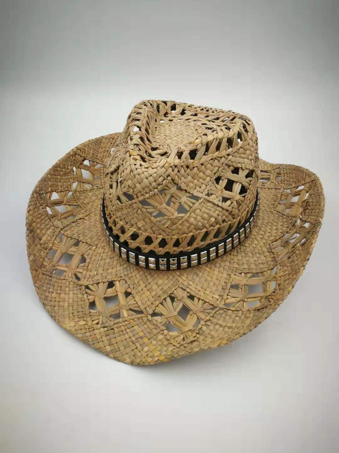 Naturlig raffia halm cowboy hat kvinder mænd håndlavede væve cowboy hatte til dame kvast sommer vestlige hatte  l3: 4