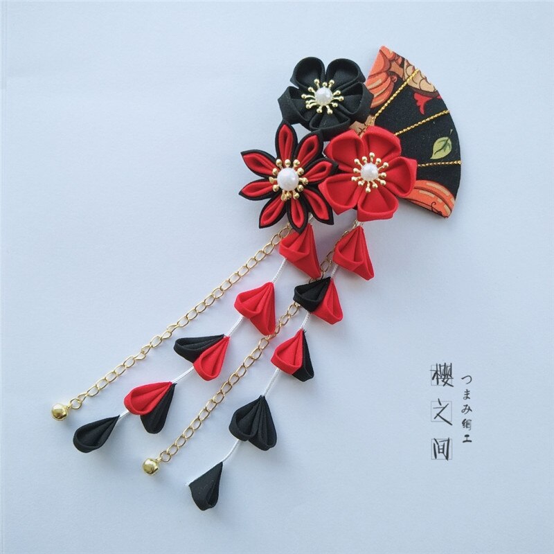 Épingle à cheveux japonaise Sakura, pince à cheveux, Tsumami zaiku pour Kimono Yukata Geisha, longues Barrettes à pompon, accessoires pour cheveux faits à la main, Cosplay