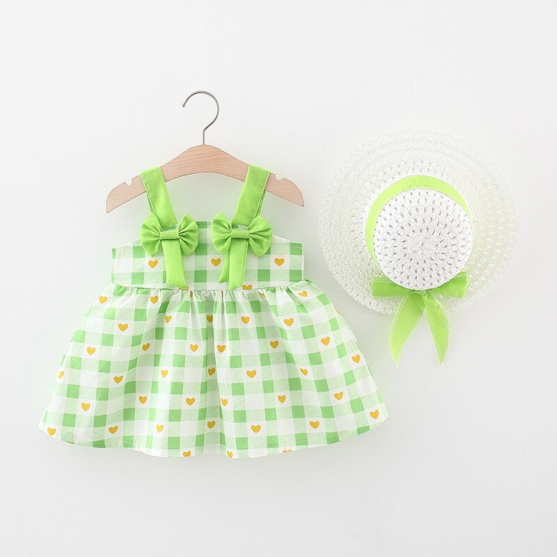 Set di vestiti per neonati estivi in 2 pezzi abiti da bambina per bambini abito da spiaggia in cotone senza maniche scozzese con fiocco carino + cappello da sole BC2176: green / 10(12-24M)