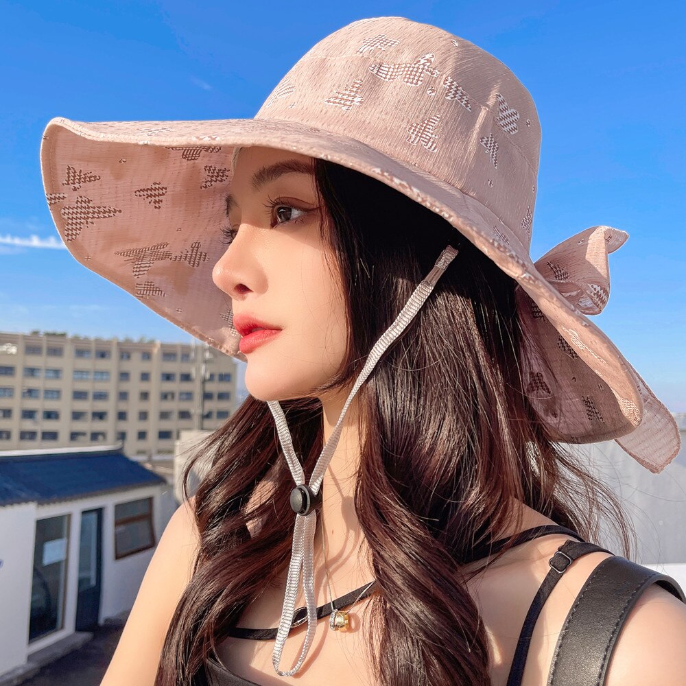 Vrouwen Zomer Zonnehoed Mode Boog Vlinder Print Zon Cap Vrouwelijke Outdoor Zon Reizen Strand Emmer Hoed