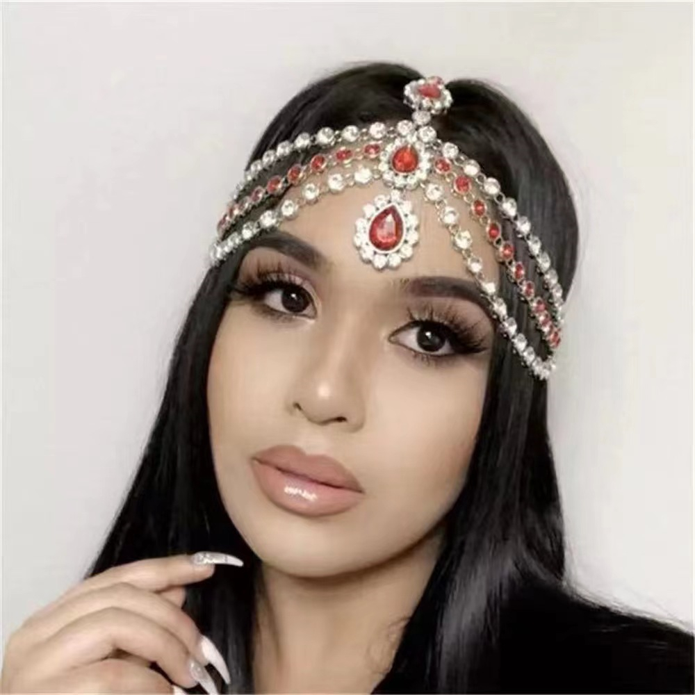 Exquisito colgante de diamantes de imitación multicapa a la , cadena para la cabeza, joyería de cadena para la frente de cristal para boda y mujer: Chapado en rodio
