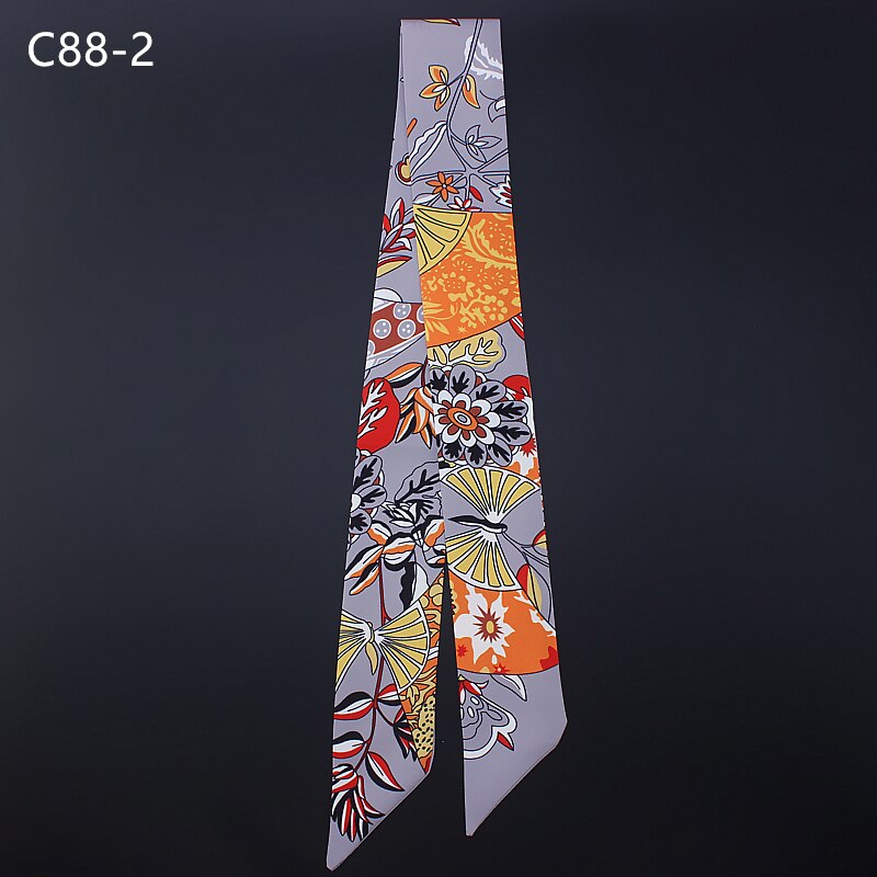 Blomsterprint silkehår tørklæde kvinder langt tyndt håndtag taske slips tilbehør foulard dame hals tørklæder: C88- grå