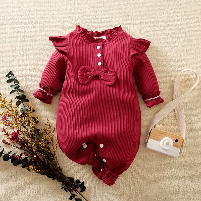 Hibobi Baby Girl Bow Knot Ruffle Jumpsuit Long Sleeve Jumpsuit Cotton Bodysuit: Red / 18M