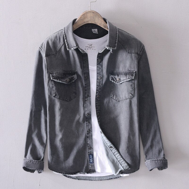 Menn uformelt denim skjorte slank bomull langermet vår solide myke topper herre grå denim skjorte chemise homme