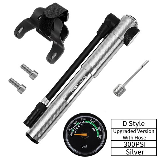 WEST BIKING 160 PSI Portable Mini Bicycle Pump MTB Mountain Bike Pump High Pressure Cycling Hand Air Pump Ball Tire Inflator: D Silver 300PSI