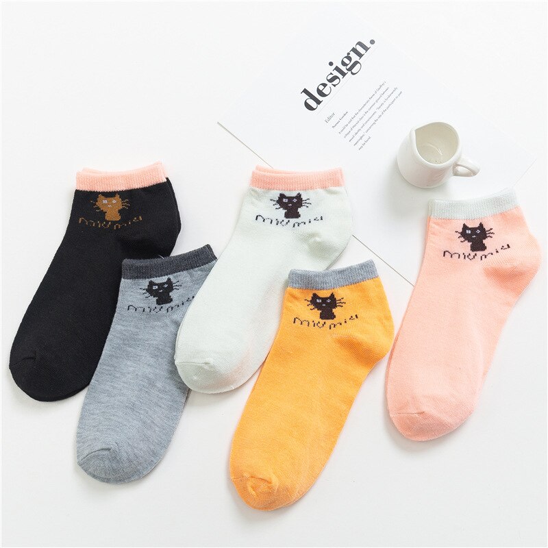 Maat 34-39 Kawaii Vrouwen Sokken Happy Enkel Grappige Sokken Vrouwen Vruchten Leuke Gelukkige Art Onzichtbare Sok 5 pairs Lente Zomer: C Socks Color cat