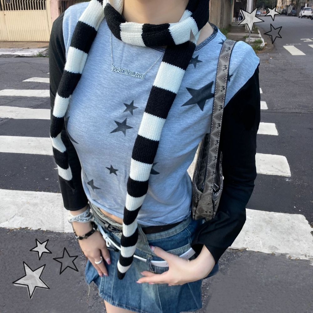 Bufanda a rayas blancas y negras Y2K, bufandas tejidas ajustadas y estrechas Harajuku para mujer, decoración, calentador de cuello grueso, bufanda larga con lazo