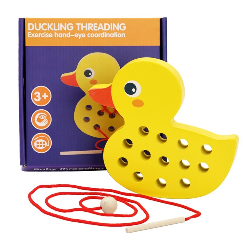 Vetersluiting Speelgoed Voor Peuters: Houten Threading Speelgoed, Leuke Eend Met Zak En Sticker,