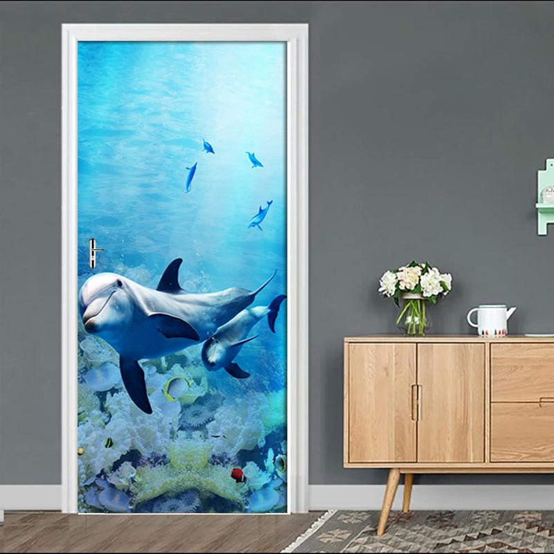 2 stks/set Blauw zeebodem Dolfijn 3D Muur Deur Sticker zelfklevende Waterdicht Behang Decals Home Decor Deur Muur Sticker decals
