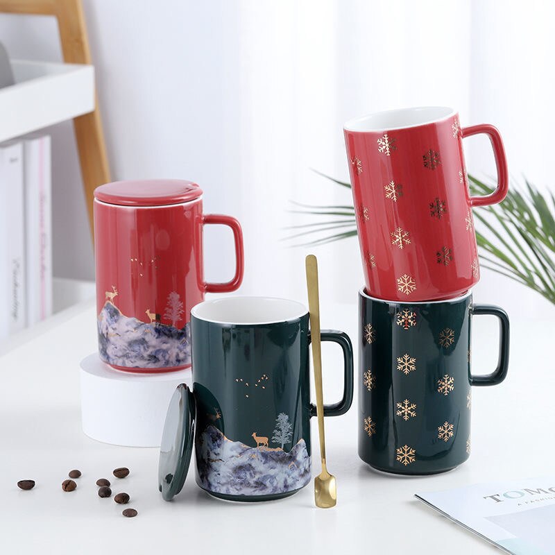 Luxury European Style Ceramic Cup Mug Coffee Cup Home Office with Cover and Spoon Couple Pair Cup Year