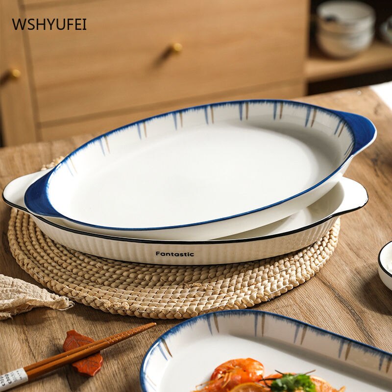 Fish Plate Household Steamed Fish Dishes Large Double Ear Plate Oval Fish Plates Ceramic Dish Household Products Tableware