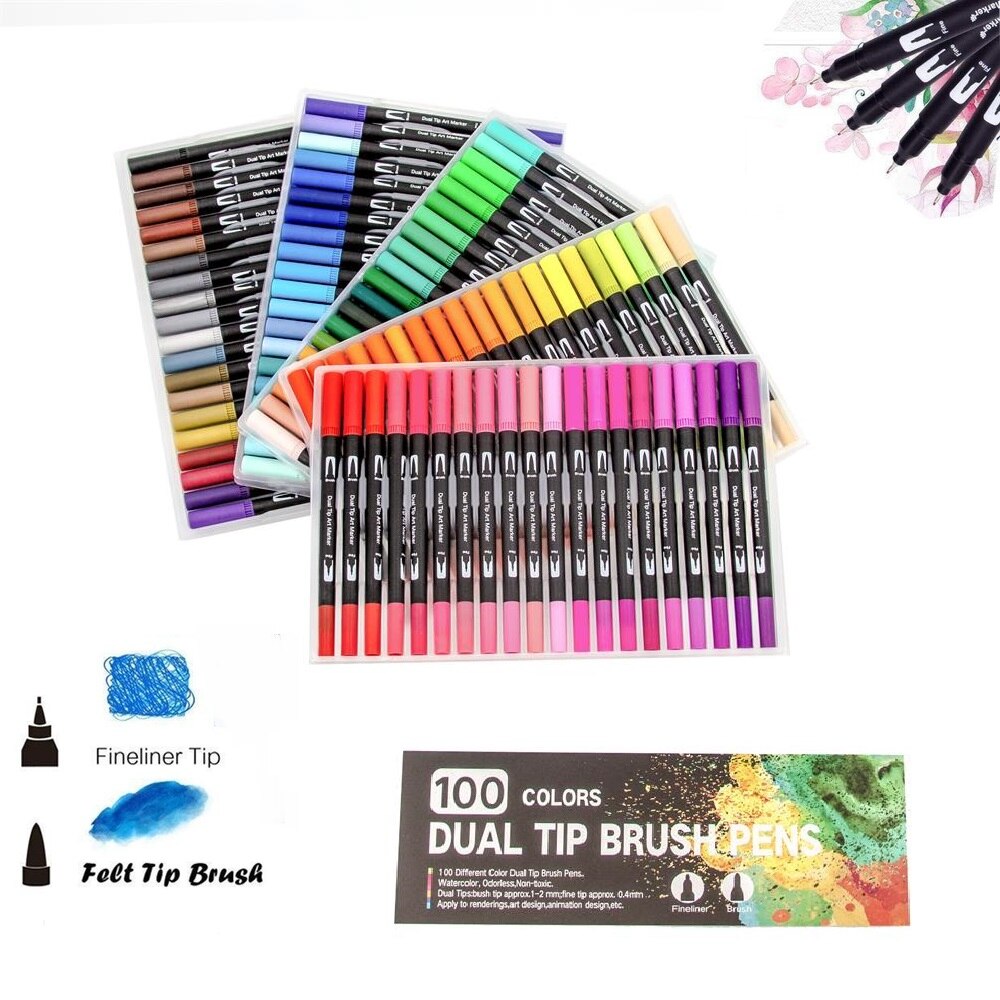 100 farver kunstmarkører dobbelt tip farvelægning pensel fin liner farve vandmarkør skoleartikler til tegning af farvebog: 100 farver sort