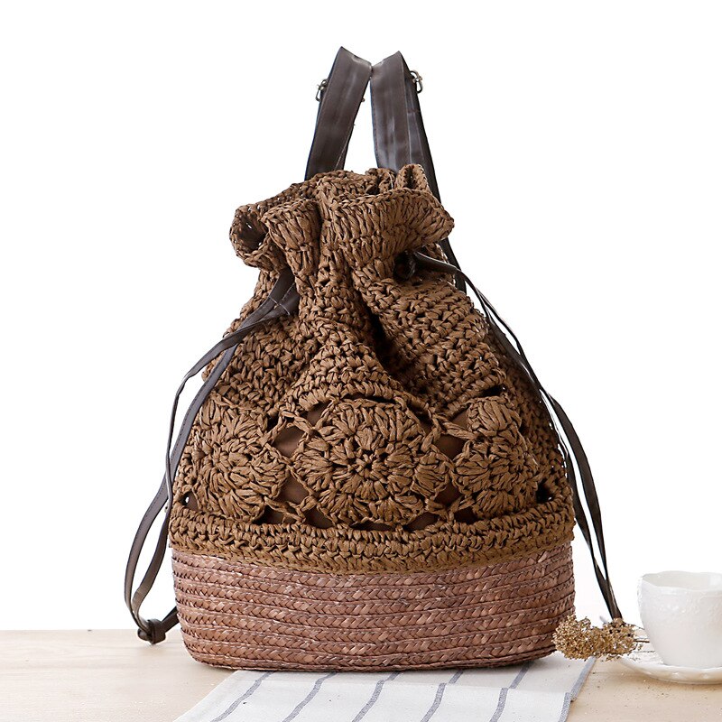 Summer Knitted Flower Drawstring Bag Crochet Straw Pouch Bohemian Hollow Out Backpack Women Textile Bags Beach: Dp Brown