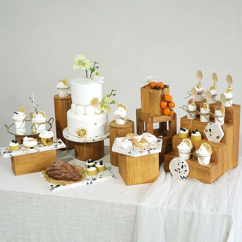 Bryllup dessert bord layout rekvisitter naturligt træ kage display stande multifunktion desserter cupcake tallerken