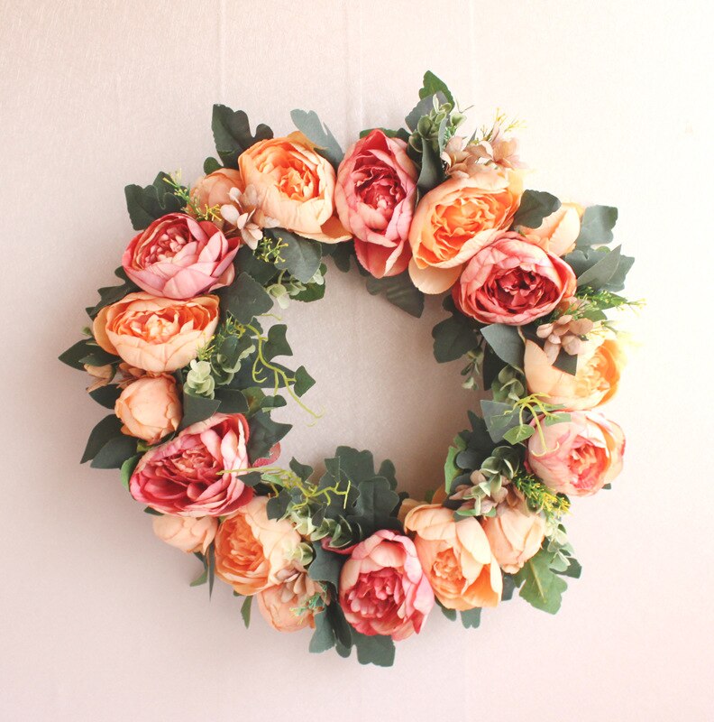 Peonies Wreaths for Door Artifical Peony Flower Wreath Outdoor Indoor Home Decor Florals Silk Wedding Spring Summer Door Wreath: orange