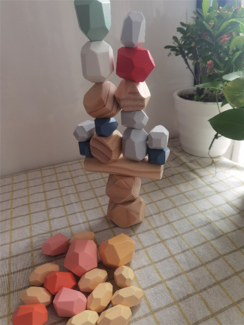 Toddler Kid Baby Stacking Toys Colored Stones Wooden Building Block Puzzle Early Education Tools Decoration: 32Pcs