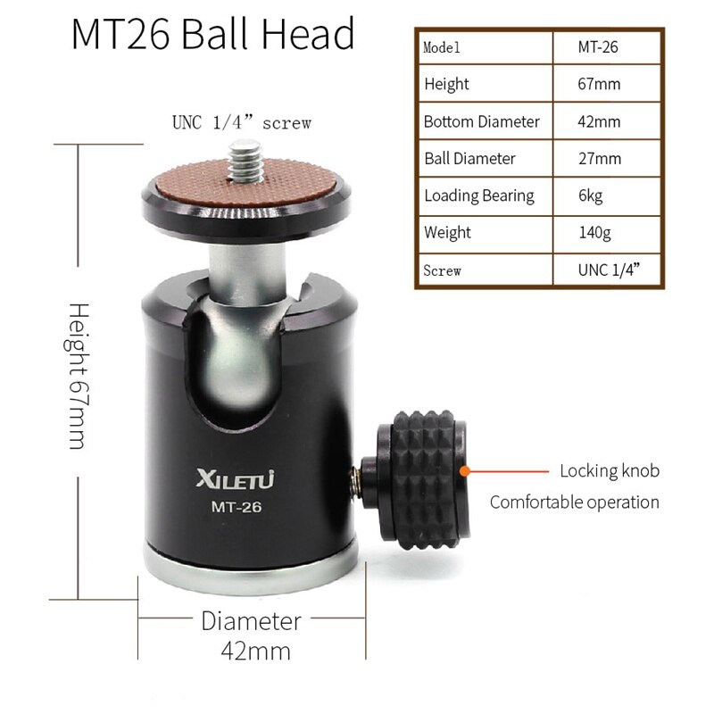 XILETU-Mini rótula de bola de trípode de 360 grados, cabeza panorámica W 1/4 tornillo para DSLR GoPro, aleación de aluminio MT26