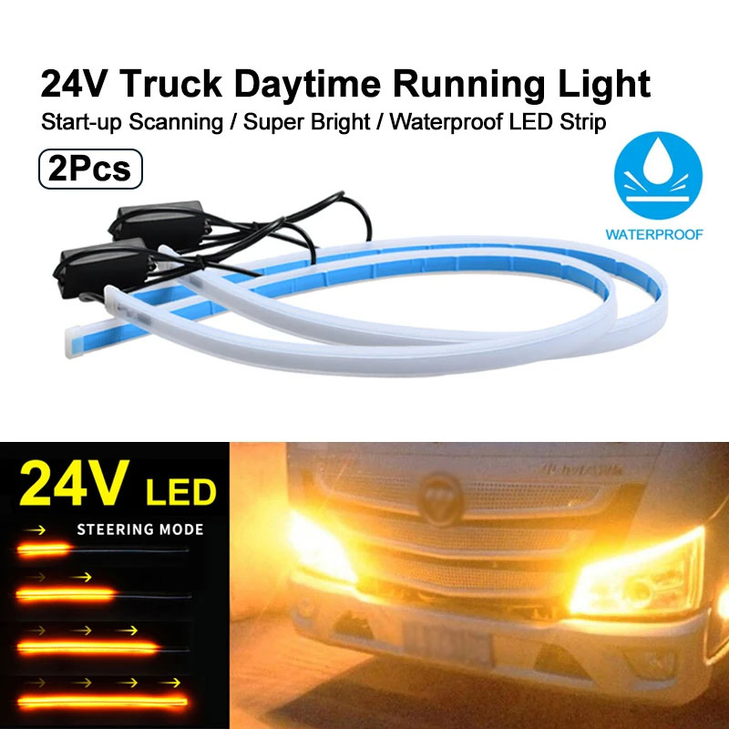 Luces de circulación diurna para camión de 24V, luz LED de intermitente que fluye, luz amarilla, arranque, escaneo dinámico, DRL, faro impermeable para camión