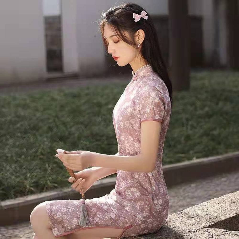 De talla grande 2XL Rosa dividida vestidos Cheongsam moderno largo mujer de seda de estilo chino Qipao vestido ropa tradicional