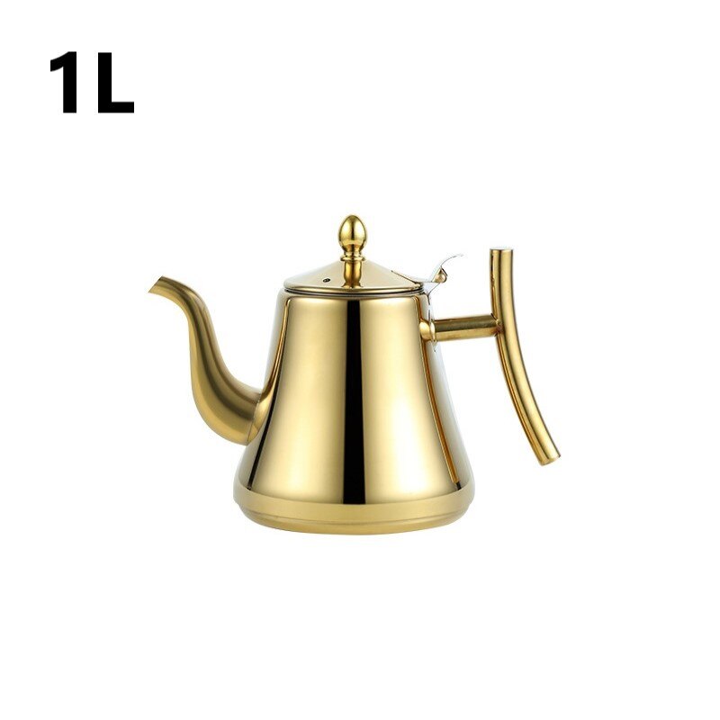 Teapots Commercial Hotel Restaurant Tea Kettle 304 Thick Stainless Steel Teapot Flower Teapot Restaurant With Strainer: gold 1L
