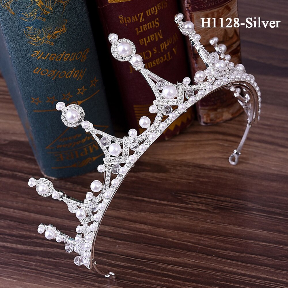 Traugel-couronne de mariée en or, diadème de luxe, couronne de mariage, accessoires de bijouterie pour femmes: H1128-Silver