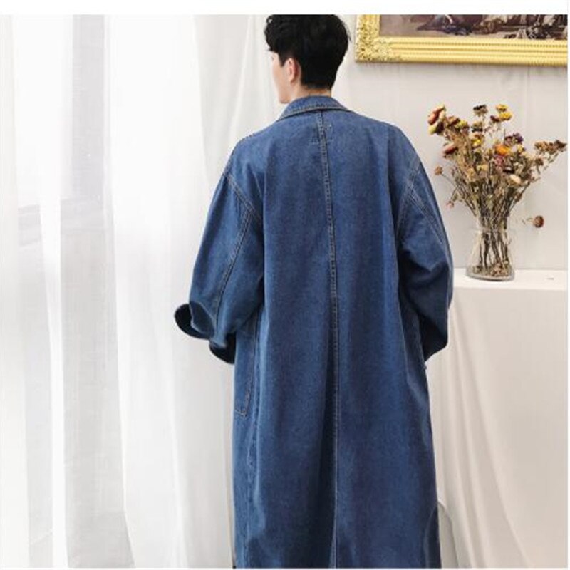 Men Long Casual Denim Trench Coat Streetwear Hip Hop Loose Cowboy Cardigan Jacket Male Jean Windbreaker Overcoat