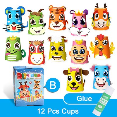 12 Stuks Kinderen 3D Diy Handgemaakte Papier Cups Sticker Materiaal Kit Hele Set Kids Kleuterschool School Art Craft Educatief Speelgoed gyh: 12 SX with box GTJ