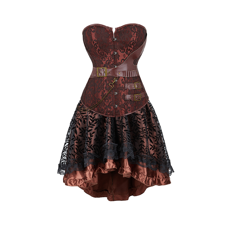 Brown Corset Dress Set Women's Steampunk Gothic Bustier Corset with High Low Skirt