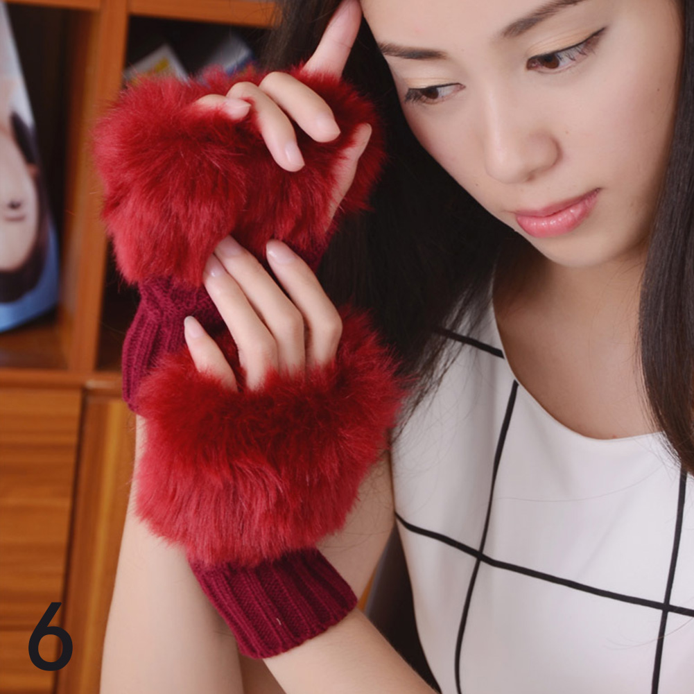 Gants d&#39;hiver en fausse fourrure de lapin pour femme, couleur unie, couvre les manches, plus , sans doigts, tricoté, mitaine, à la: 6