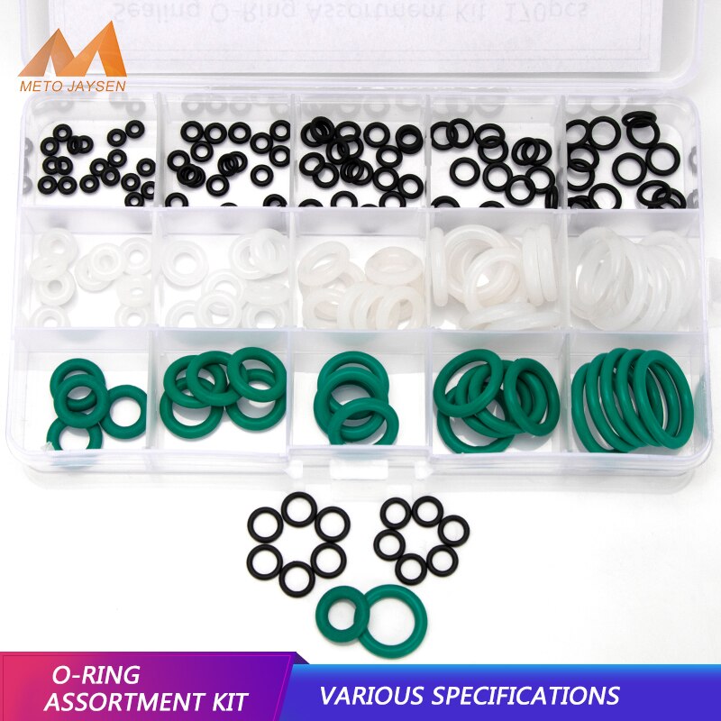 Black NBR Green Fluoro Viton FKM O-Ring Plus White Silicone VMQ O Rings Assortment Set Spare Sealing Kits 15 Sizes 170PCS=1 SET