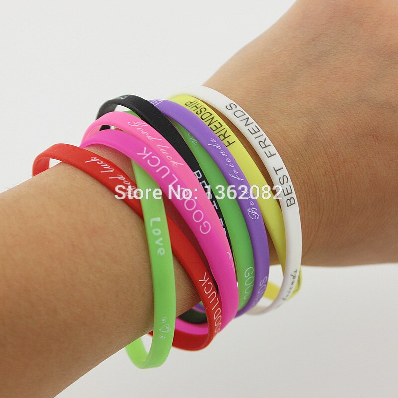 Pulsera de silicona con estampado de letras de colores variados para hombre y mujer, brazalete de Amistad de goma elástica de 5mm, joyería para hombre y mujer MB192, 20 Uds.