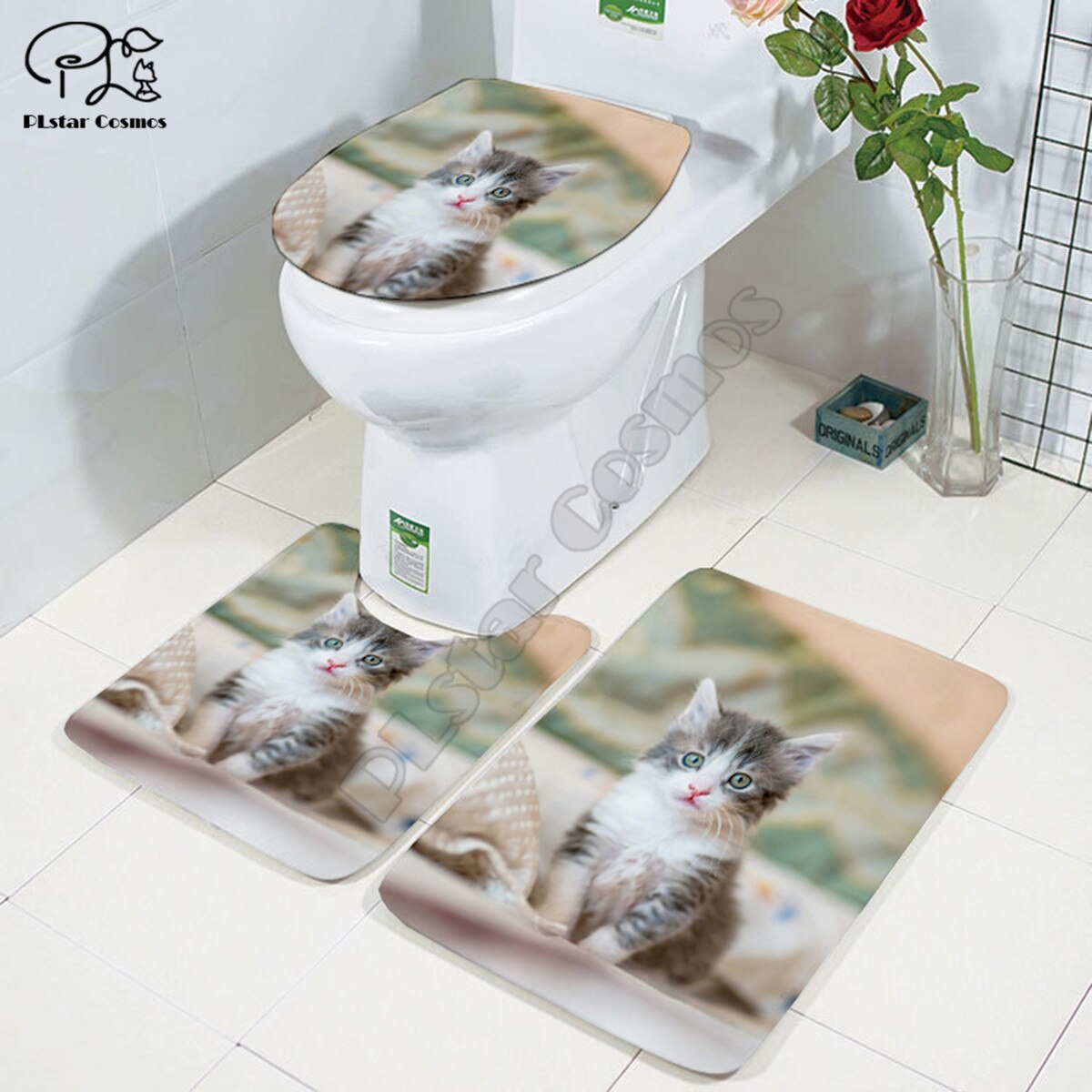 Leuke Kat Patroon Cartoon Funny Stitch 3D Gedrukt Badkamer Voetstuk Tapijt Deksel Wc Cover Badmat Set Stijl-3: 2