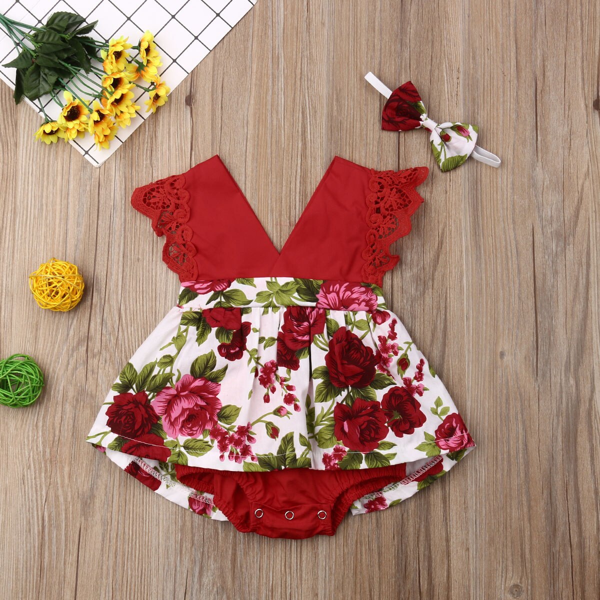 2019 bebê verão roupas infantis do bebê meninas floral bodysuit vestido sem mangas rendas com decote em v babados macacão bandana outfits