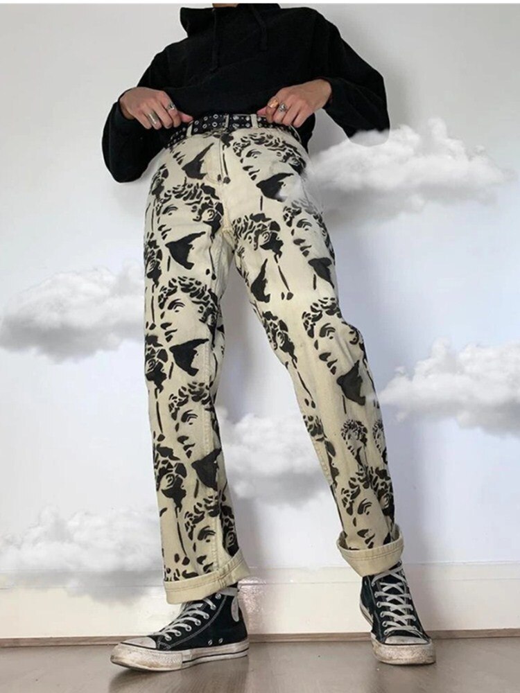 Mens Printed Statuary Jeans Men's Retro Casual Pants Men Streetwear Wild Loose Hip-hop Straight Trousers M-3XL